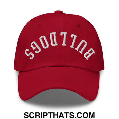 Red unstructured dad hat with white embroidered bulldogs arch on front, perfect for casual wear
