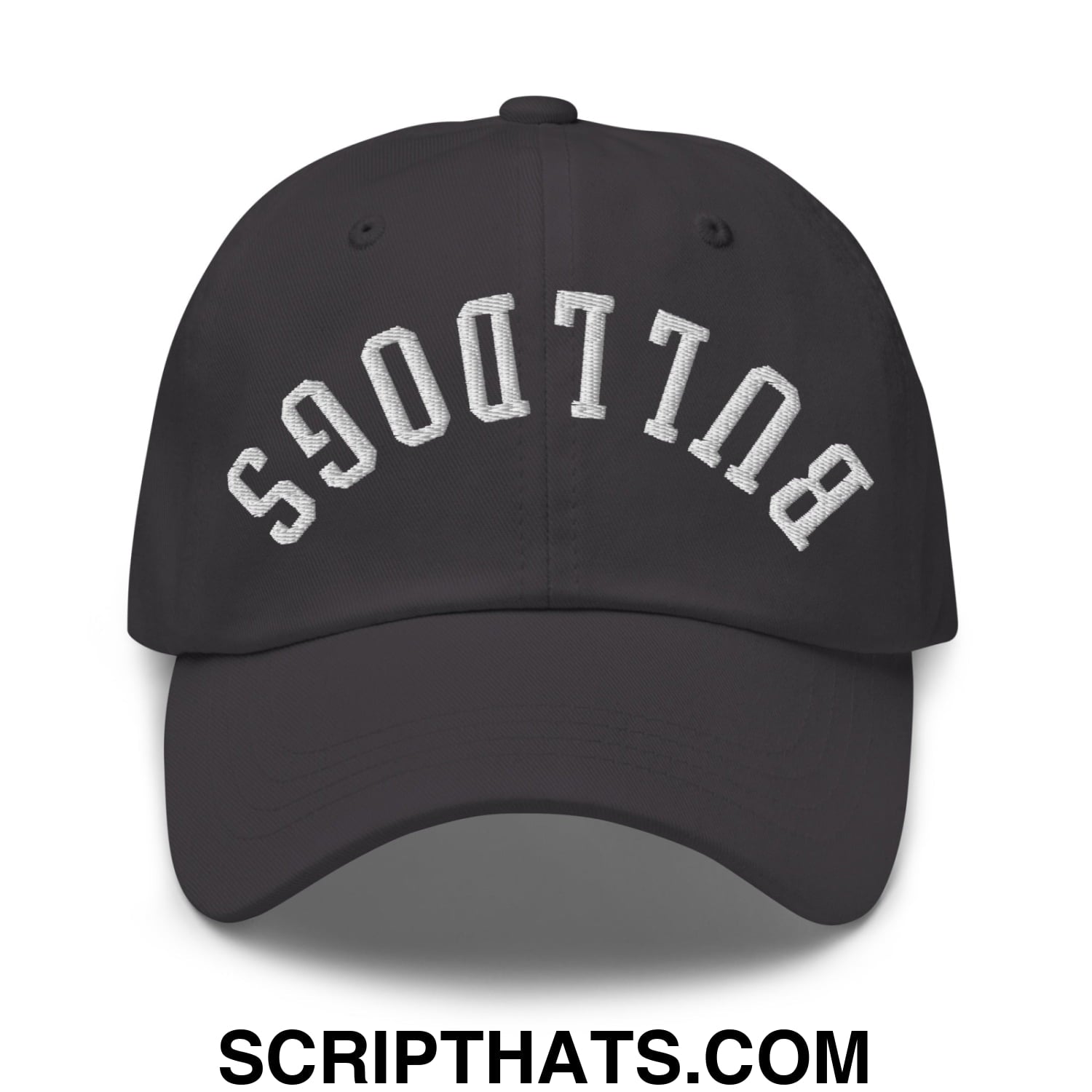 Black unstructured dad hat with white embroidered upside down bulldogs lettering in an arched design