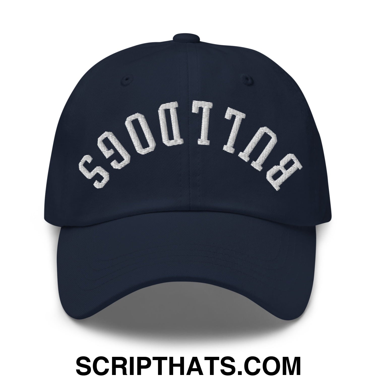 Navy blue unstructured dad hat with white embroidered bulldogs lettering in an arched design