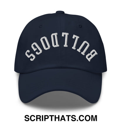 Navy blue unstructured dad hat with white embroidered bulldogs lettering in an arched design
