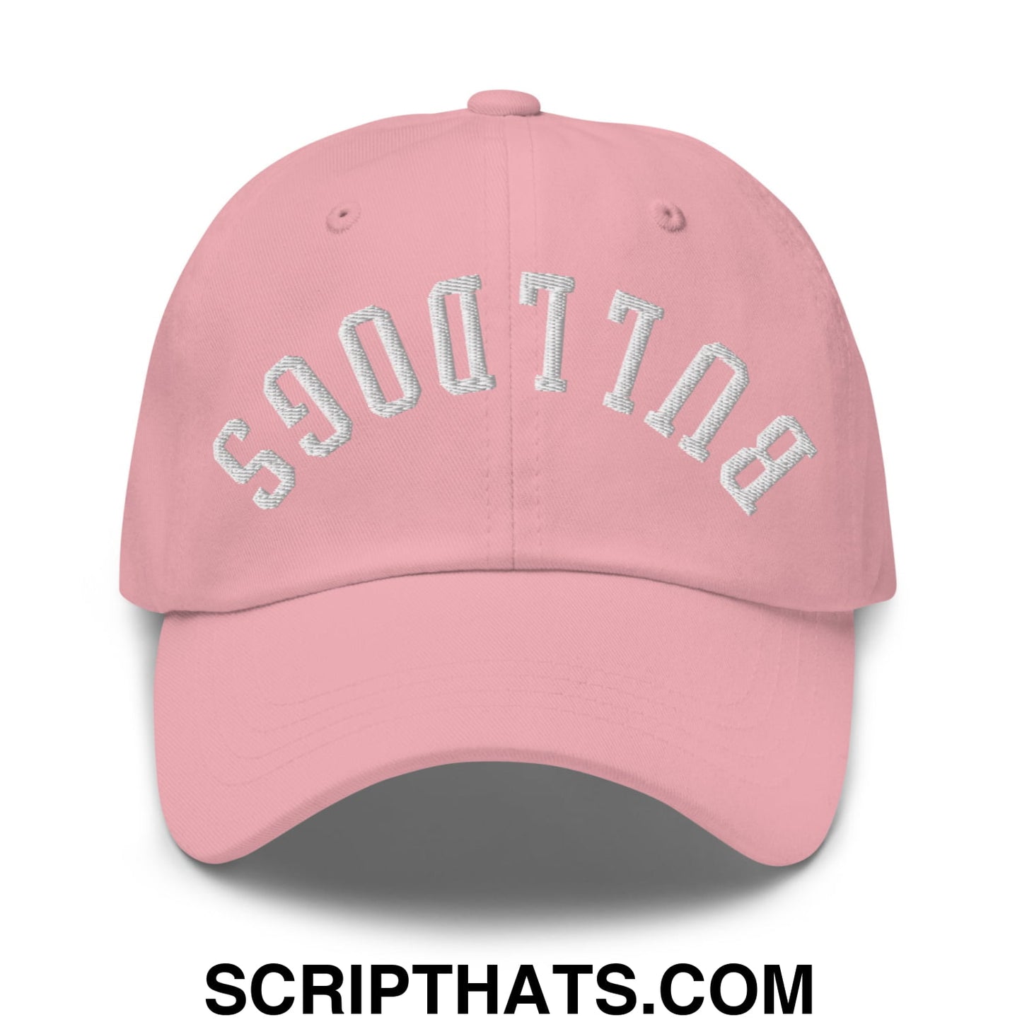 A soft pink upside down bulldogs embroidered unstructured dad hat featuring silver thread embroidery