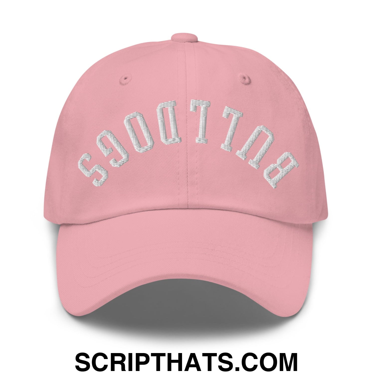 A soft pink upside down bulldogs embroidered unstructured dad hat featuring silver thread embroidery