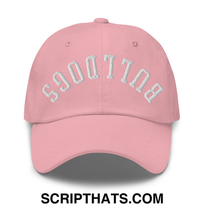 A soft pink upside down bulldogs embroidered unstructured dad hat featuring silver thread embroidery