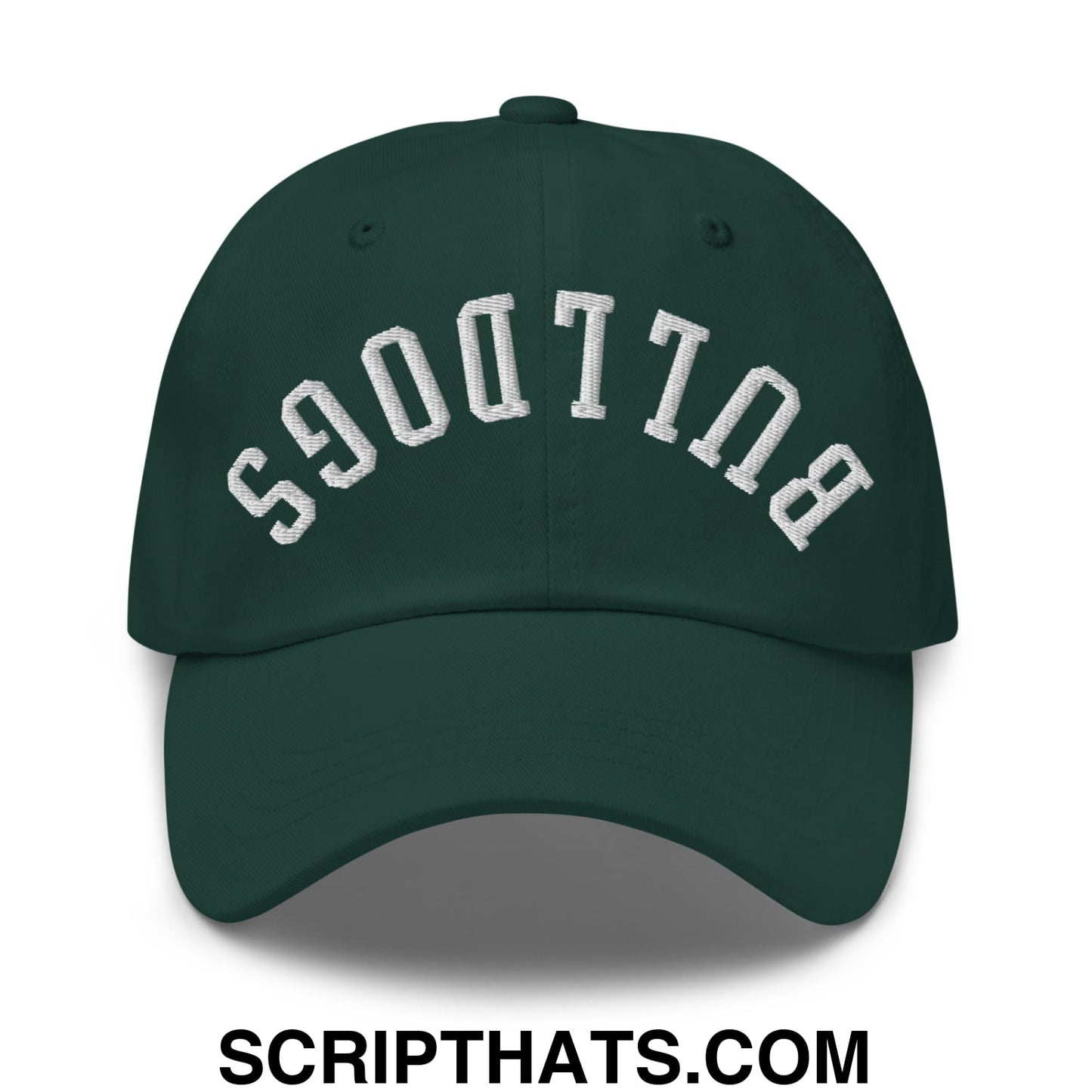 Dark green unstructured dad hat with white embroidered upside down bulldogs lettering in an arched design