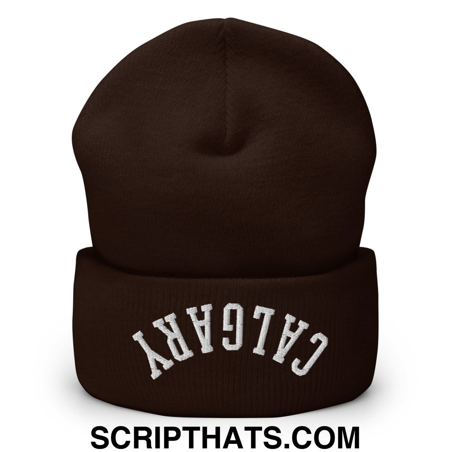 Upside Down Calgary Embroidered Cuffed Knit Beanie Brown