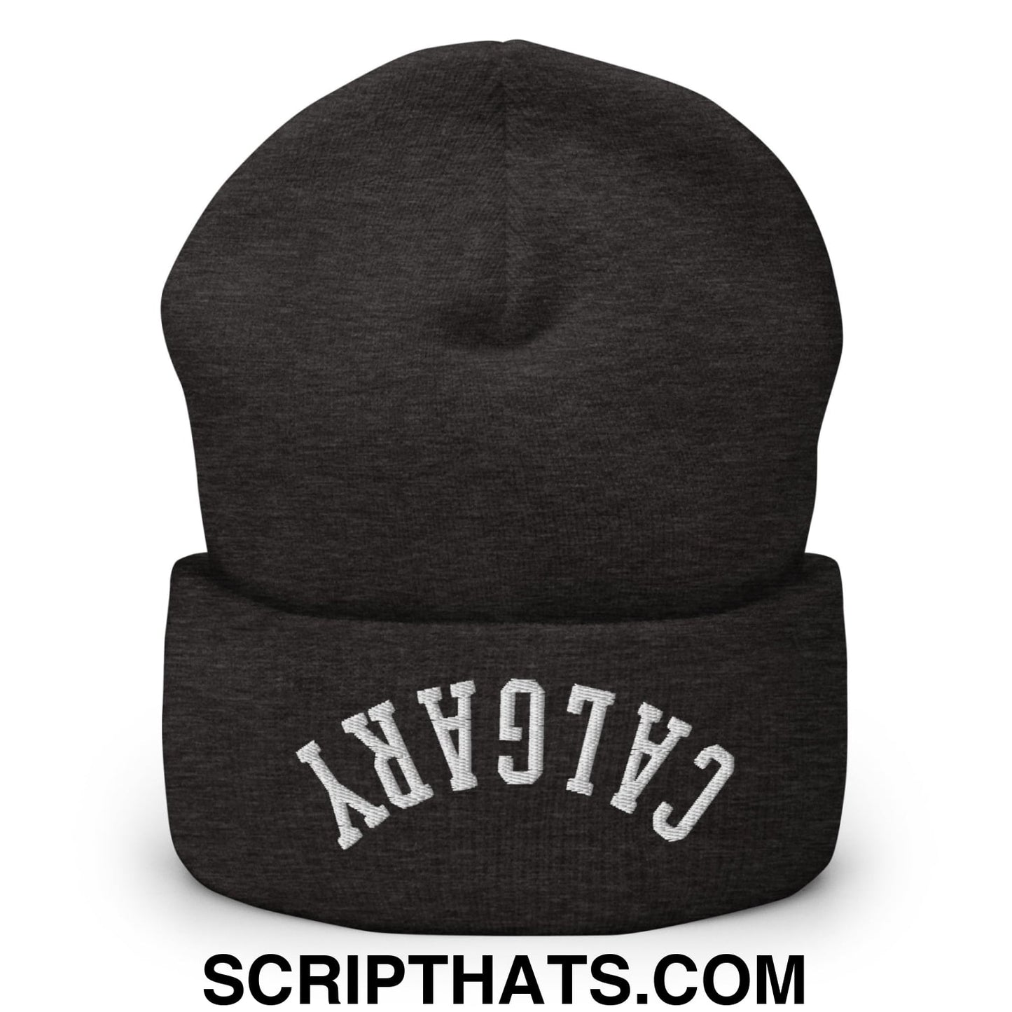 Upside Down Calgary Embroidered Cuffed Knit Beanie Dark Grey