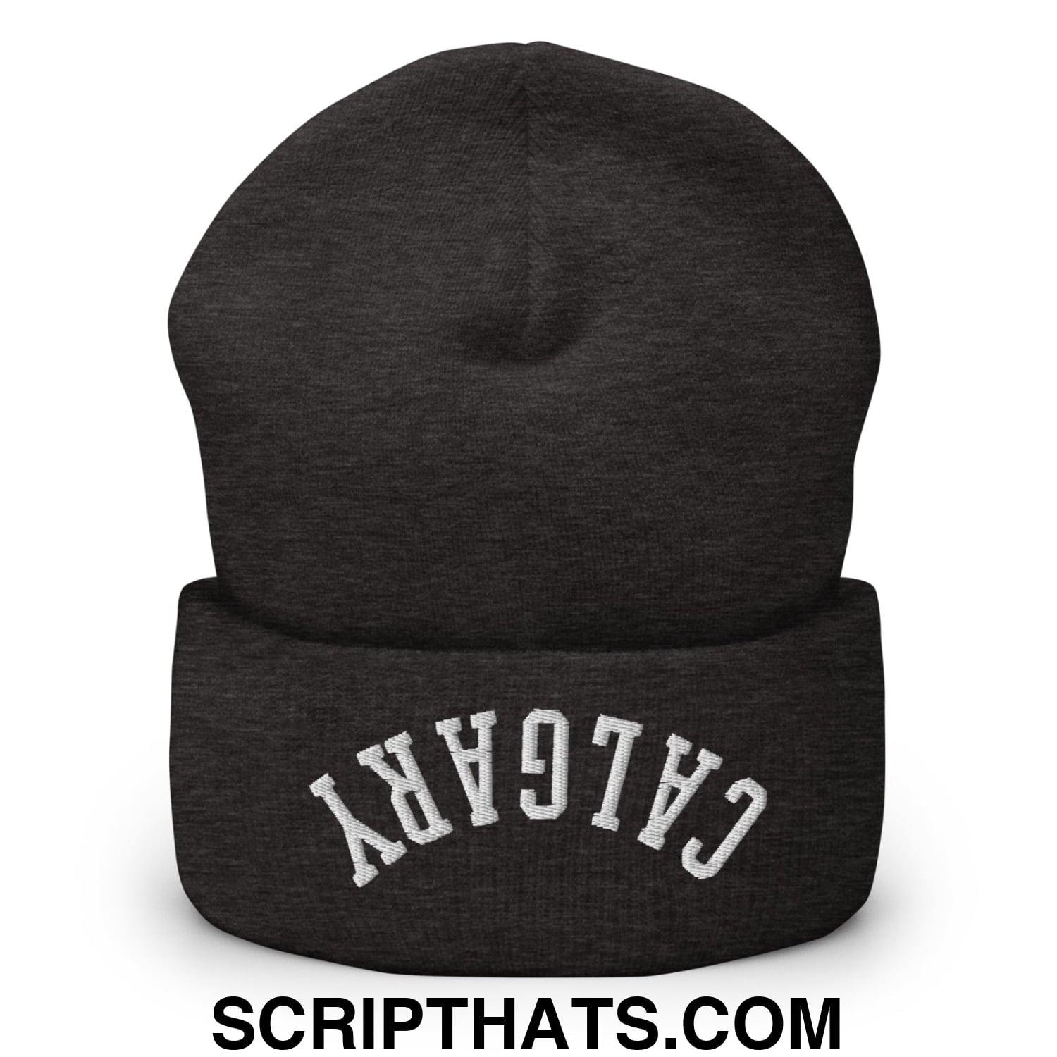 Upside Down Calgary Embroidered Cuffed Knit Beanie Dark Grey