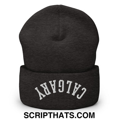 Upside Down Calgary Embroidered Cuffed Knit Beanie Dark Grey