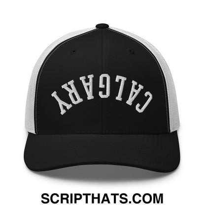 Upside Down Calgary Embroidered Mesh Trucker Hat Black White