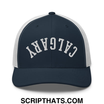 Upside Down Calgary Embroidered Mesh Trucker Hat Navy White
