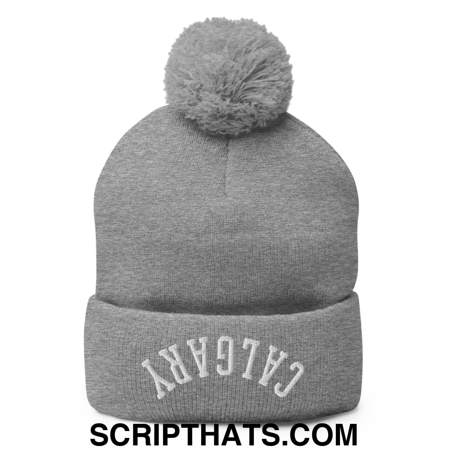 Upside Down Calgary Embroidered Pom Pom Knit Beanie Heather Grey