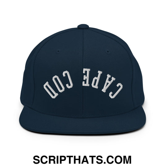 Navy blue snapback hat with white embroidered cape cod lettering and flat bill brim for casual wear
