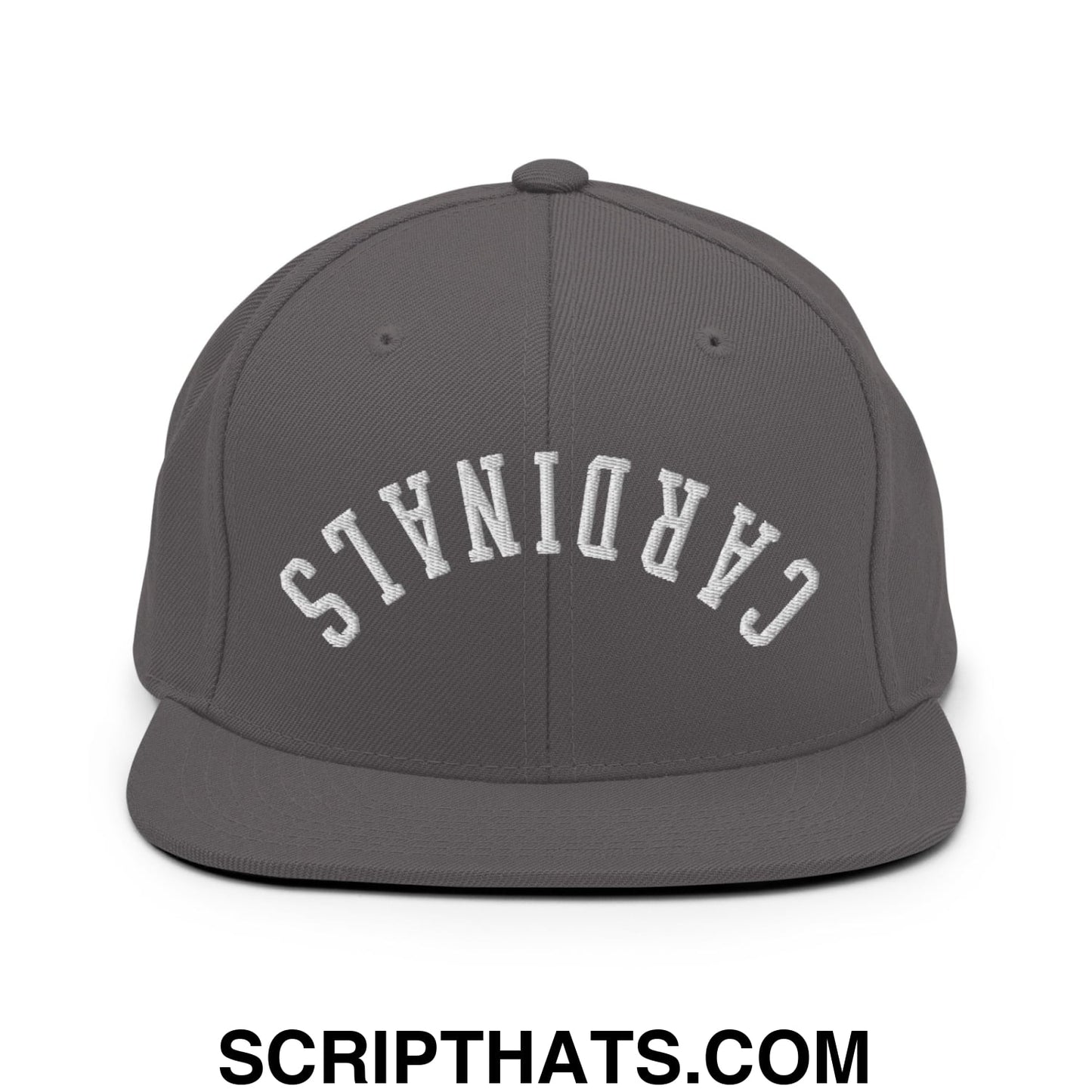 Gray snapback hat with white embroidered cardinals arch and flat bill brim for casual streetwear use