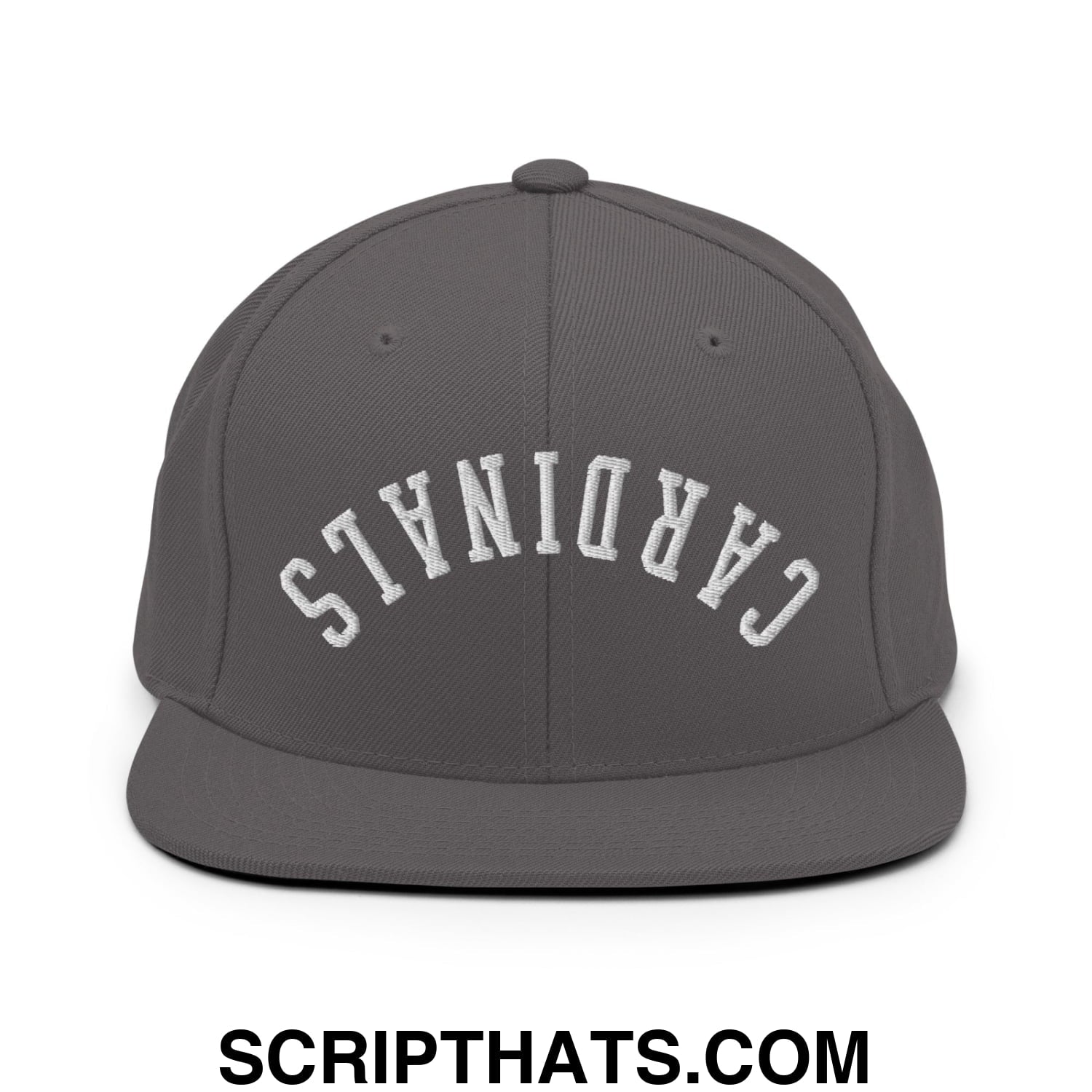 Gray snapback hat with white embroidered cardinals arch and flat bill brim for casual streetwear use