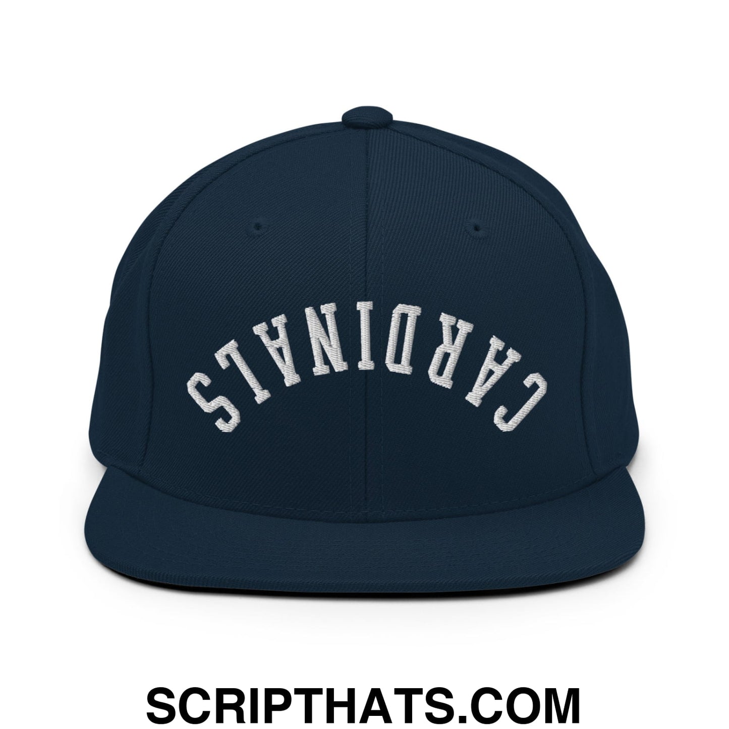 Navy blue snapback hat with white embroidered cardinals arch and flat bill brim in upside down design