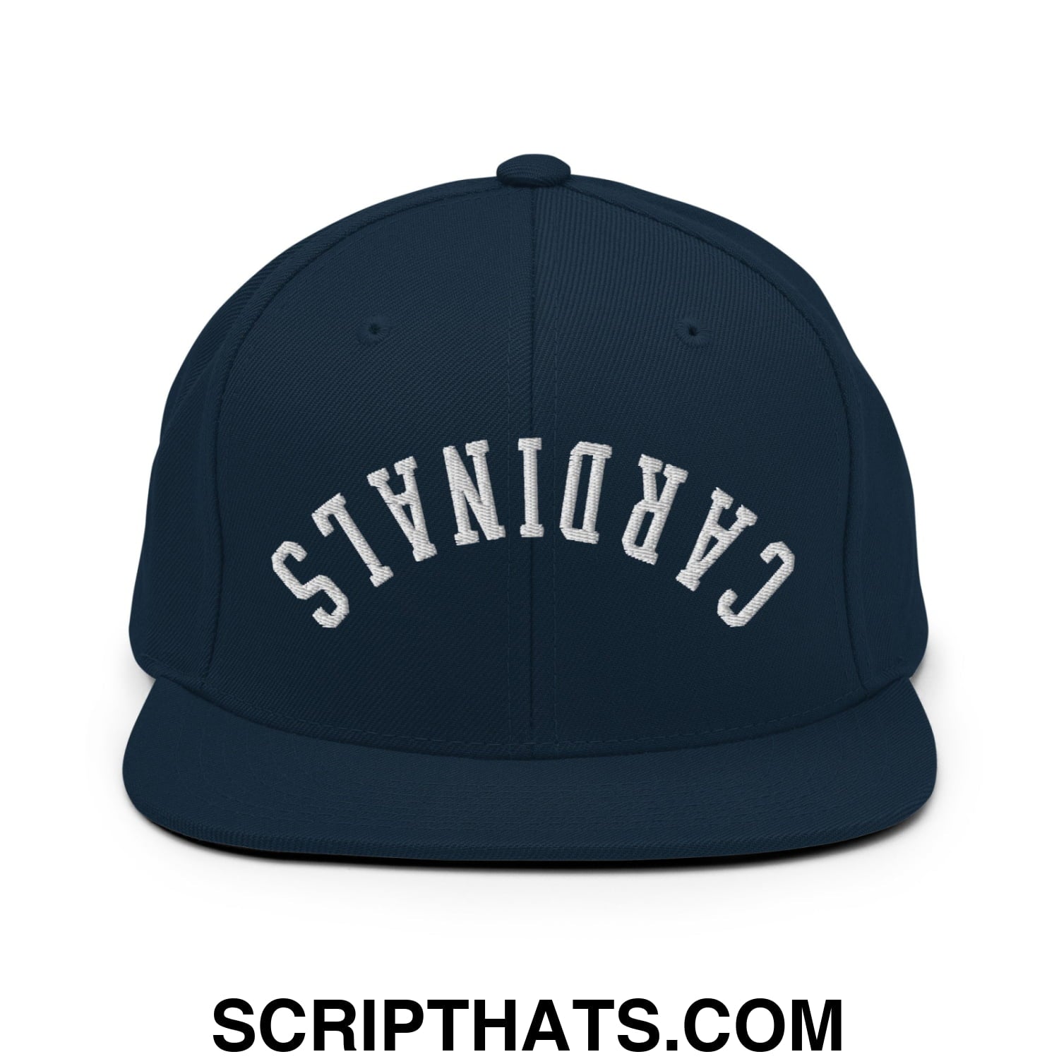 Navy blue snapback hat with white embroidered cardinals arch and flat bill brim in upside down design