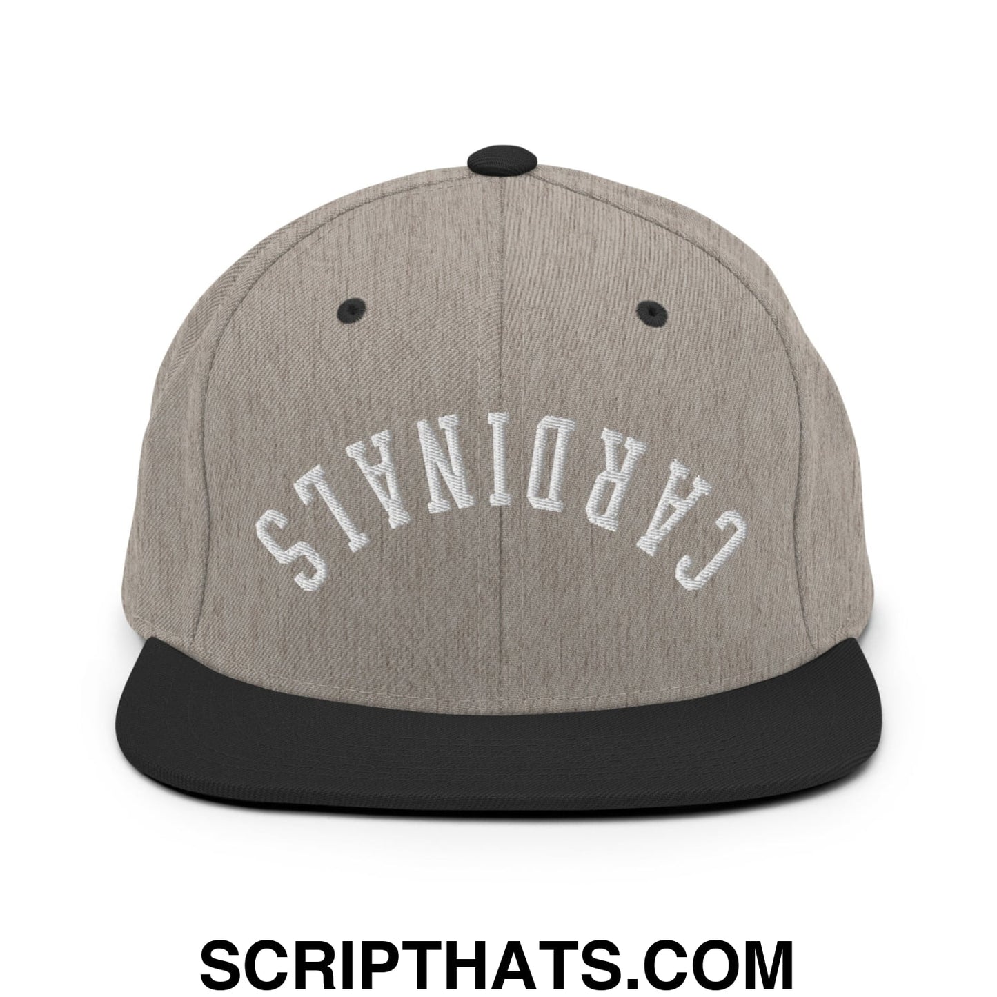 Gray and black snapback cap with white embroidered cardinals text featuring an upside down flat bill brim design