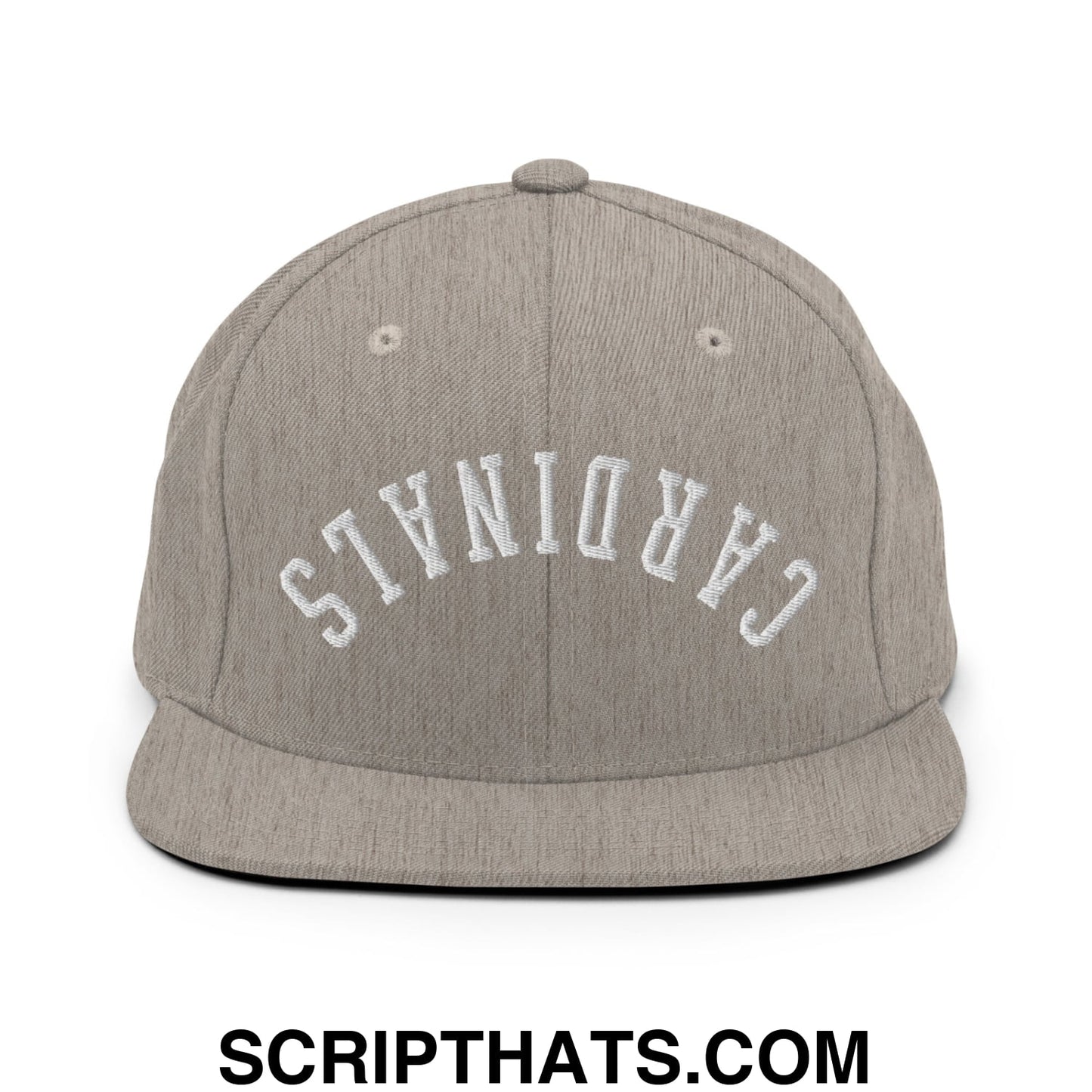 Gray heathered snapback cap with white embroidered cardinals arch and flat bill brim for casual wear