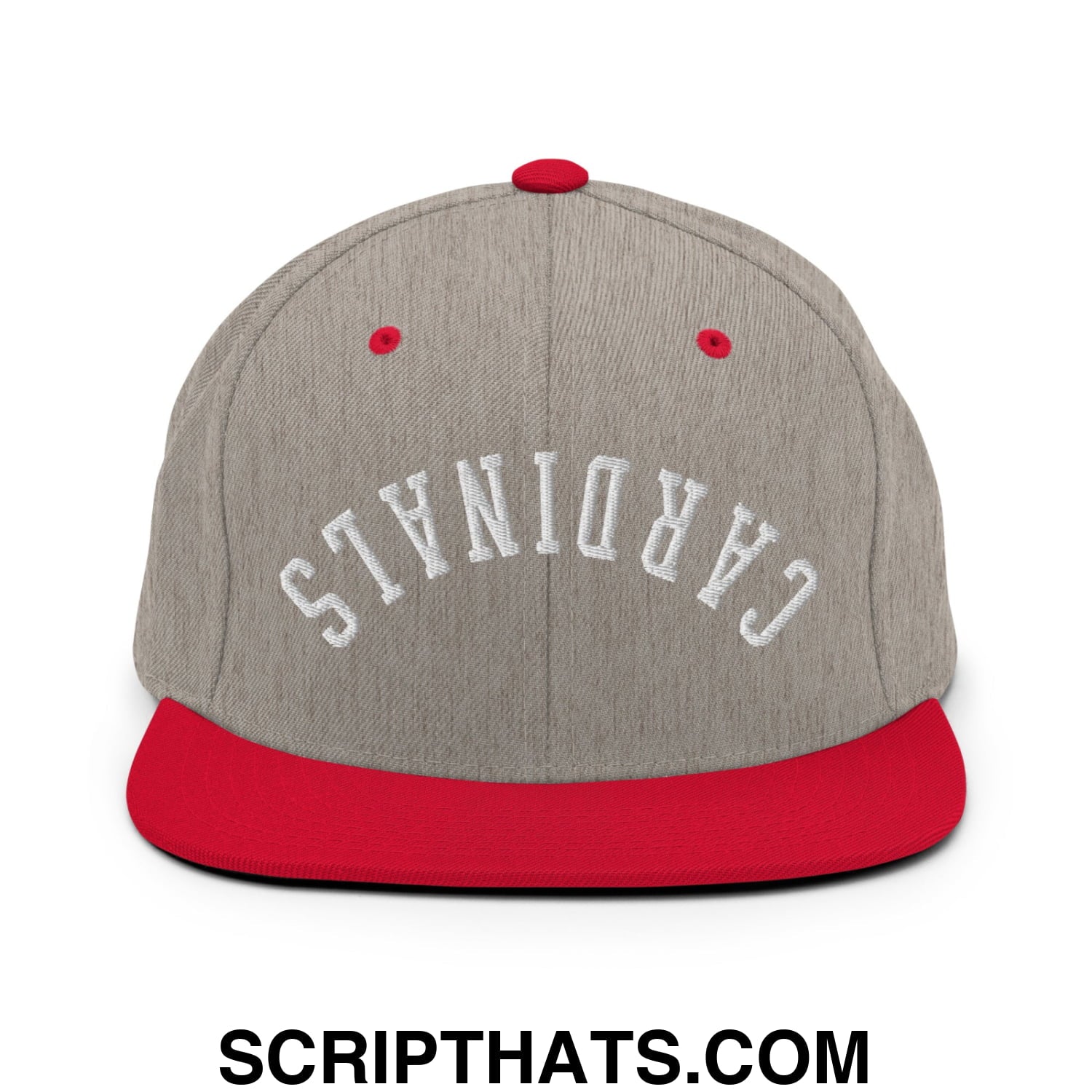 Gray and red snapback cap with white cardinals embroidered in arched lettering and a flat bill brim