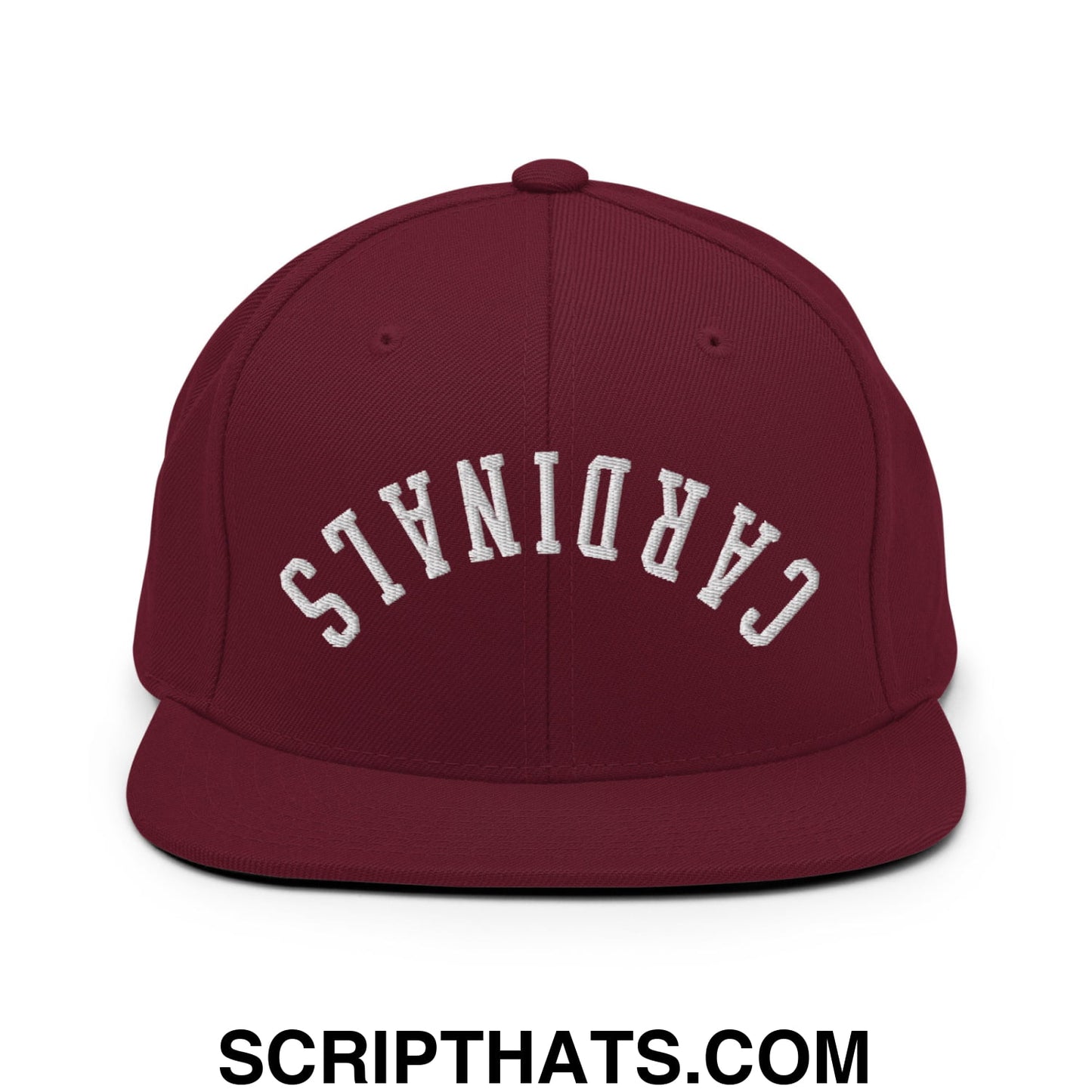 Maroon snapback cap with white embroidered cardinals arch and flat bill brim in upside down style