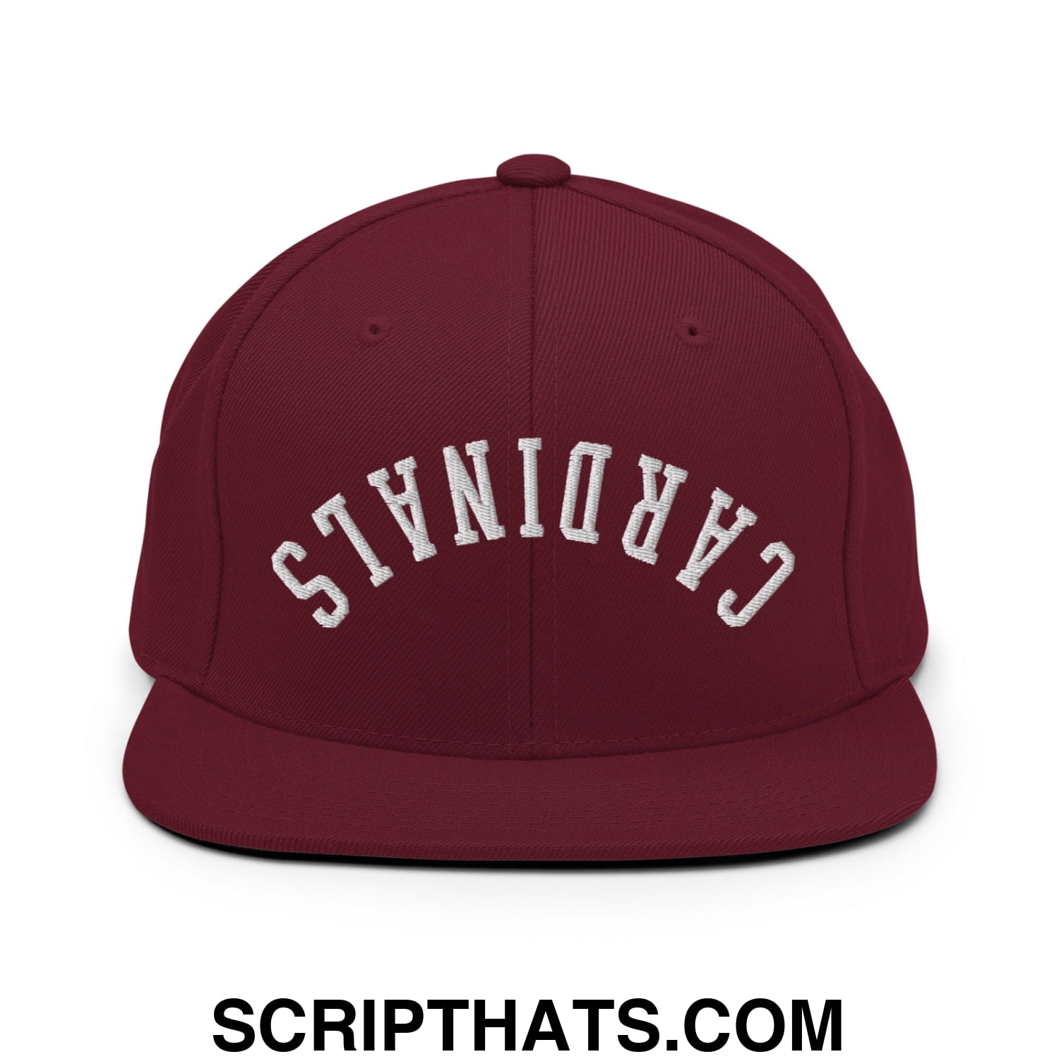 Maroon snapback cap with white embroidered cardinals arch and flat bill brim in upside down style