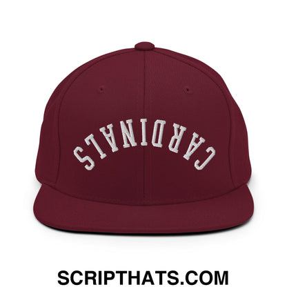Maroon snapback cap with white embroidered cardinals arch and flat bill brim in upside down style