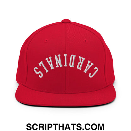 Red snapback cap with white embroidered cardinals lettering and flat bill brim for casual wear