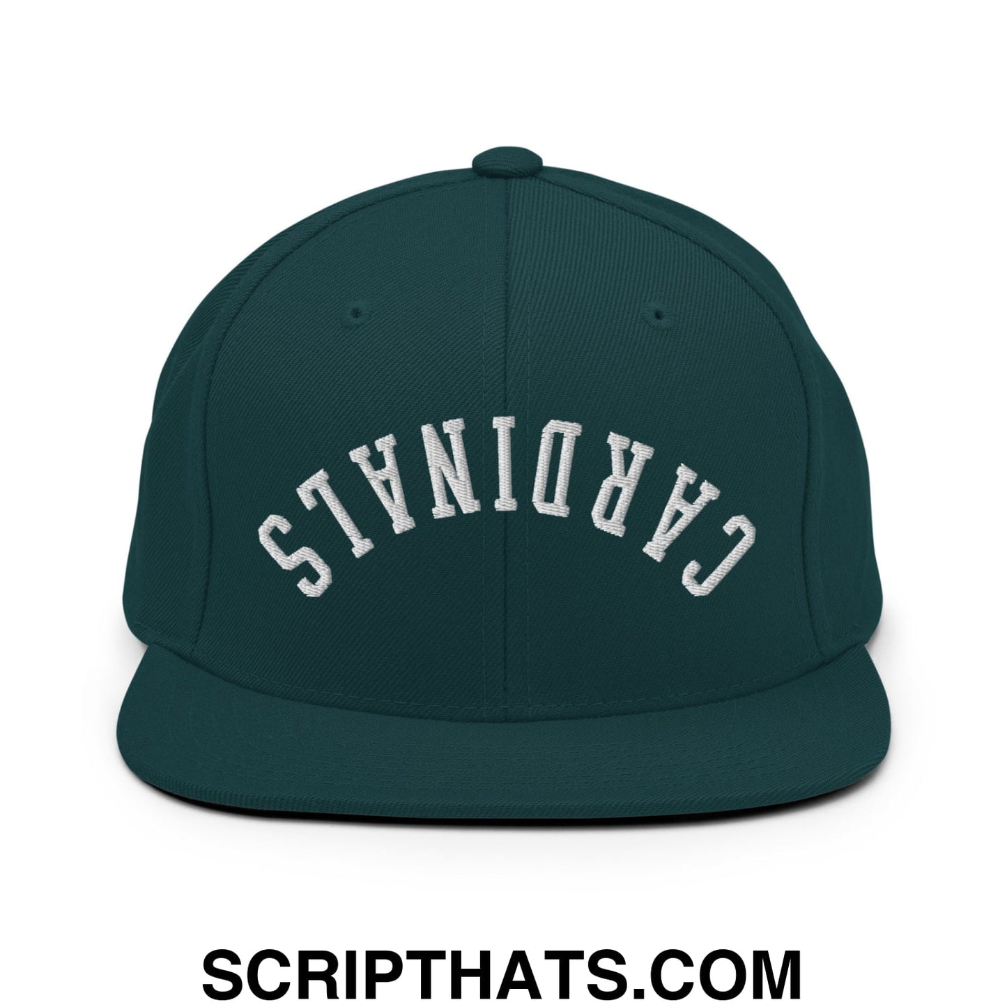Dark green snapback cap with white embroidered cardinals lettering in an arched design and flat bill brim