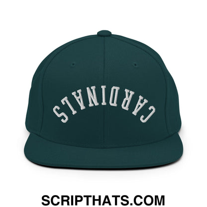 Dark green snapback cap with white embroidered cardinals lettering in an arched design and flat bill brim