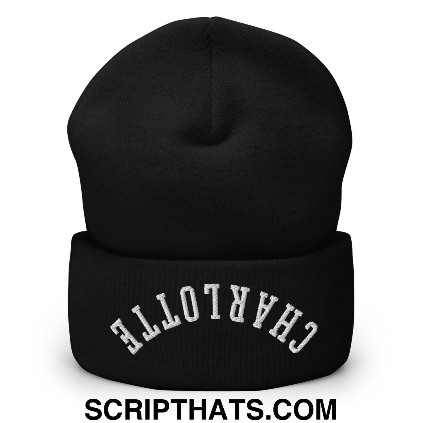 Black knit beanie with white embroidered charlotte on the folded cuff from upside down charlotte collection