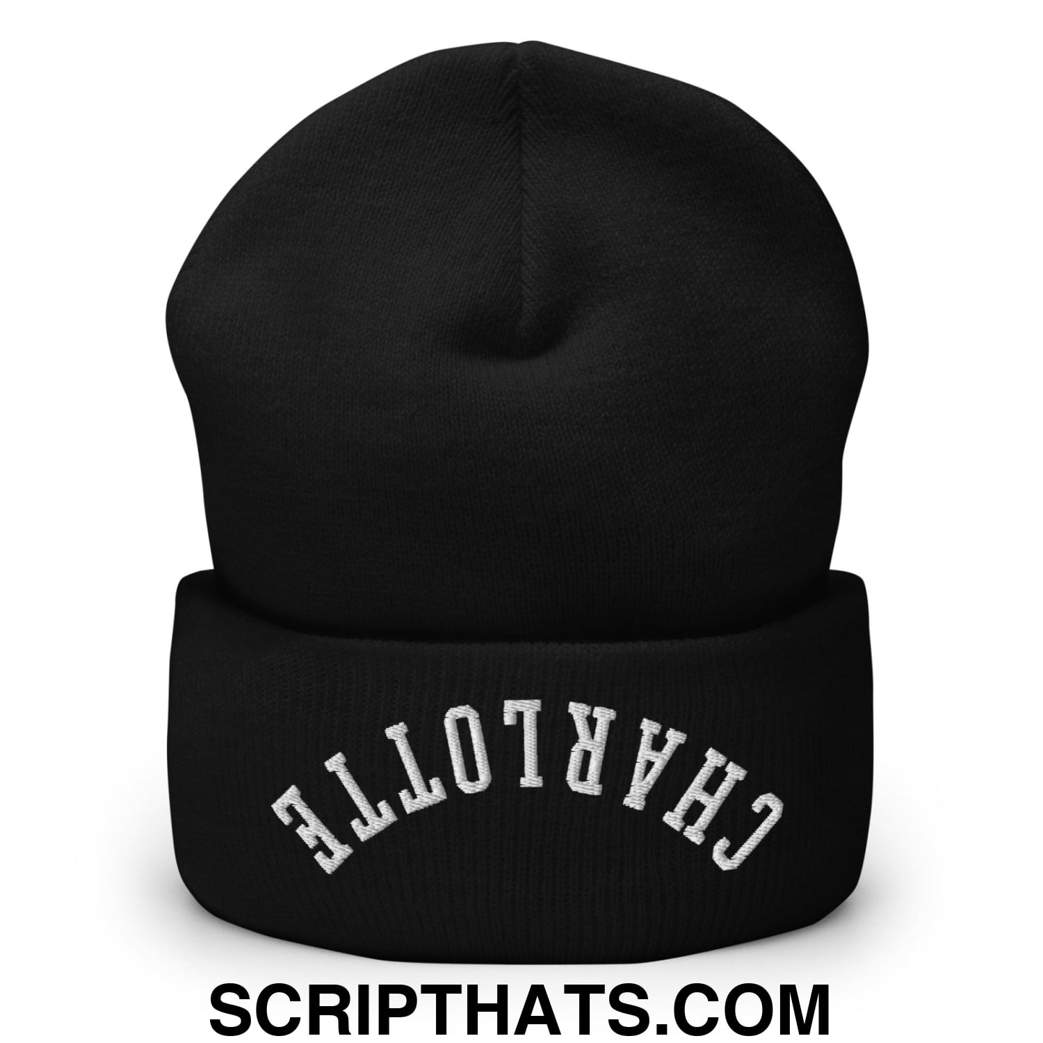 Black knit beanie with white embroidered charlotte on the folded cuff from upside down charlotte collection