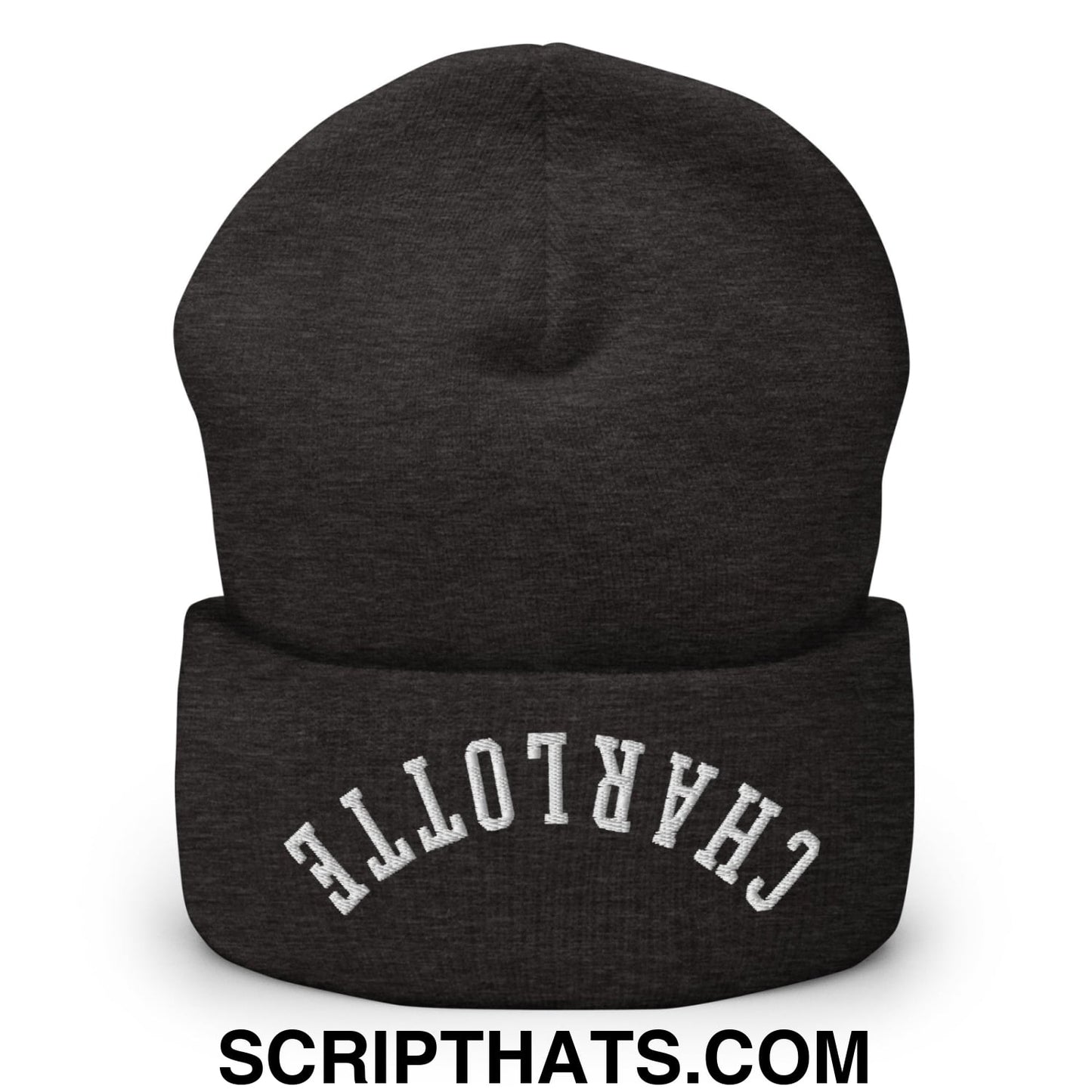 A dark heather gray knit cuffed beanie embroidered with white upside down charlotte lettering