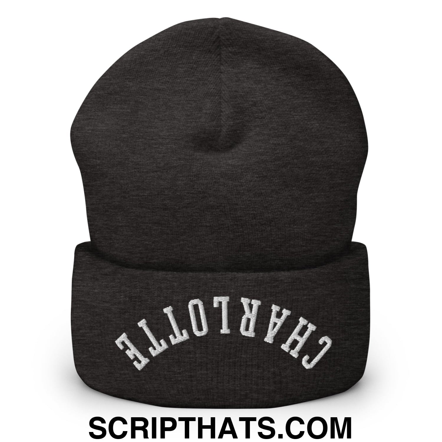 A dark heather gray knit cuffed beanie embroidered with white upside down charlotte lettering