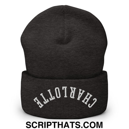 A dark heather gray knit cuffed beanie embroidered with white upside down charlotte lettering