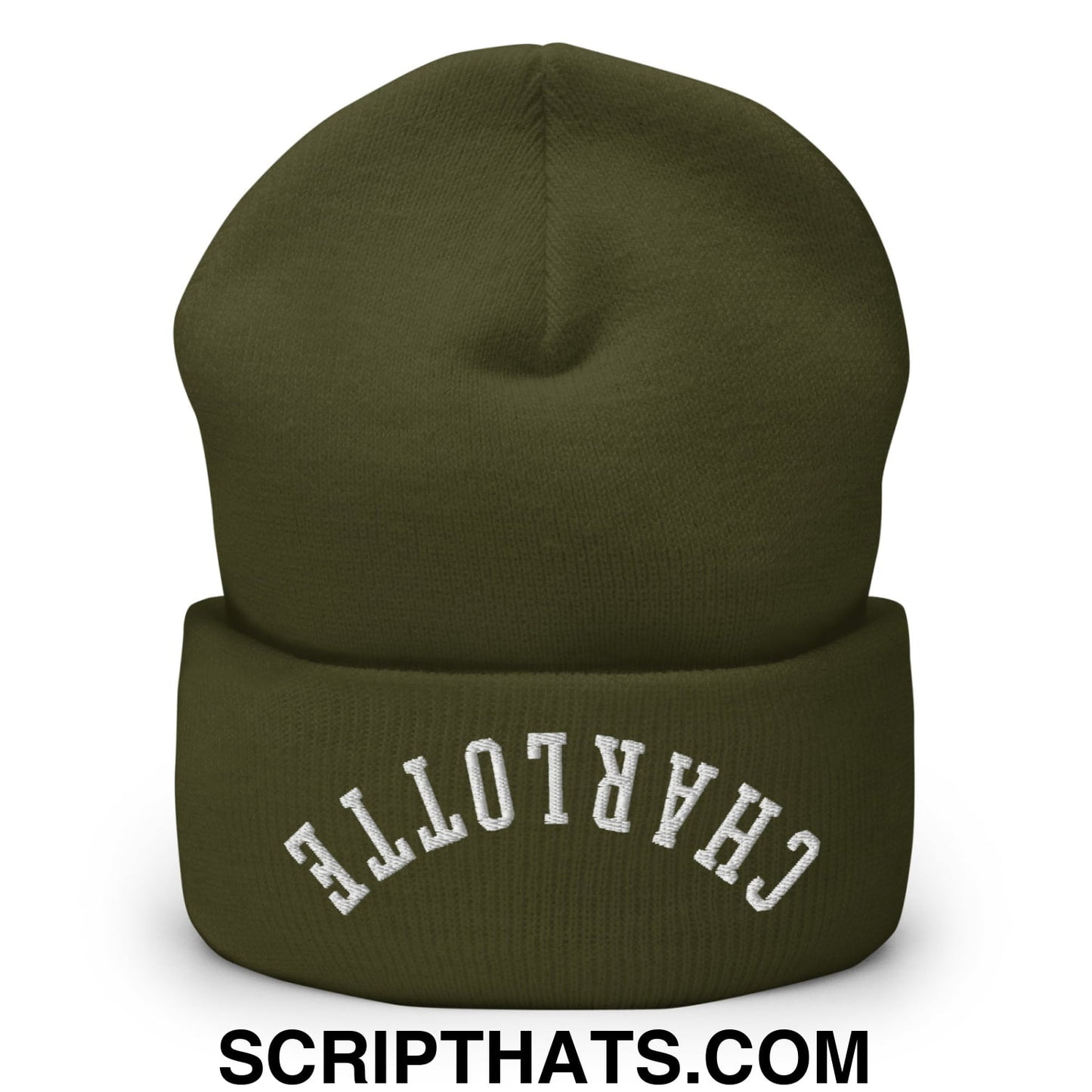 Olive green knit beanie with white embroidered charlotte on the folded cuff from upside down charlotte collection