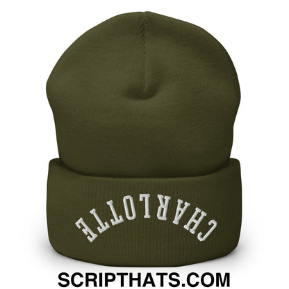 Olive green knit beanie with white embroidered charlotte on the folded cuff from upside down charlotte collection