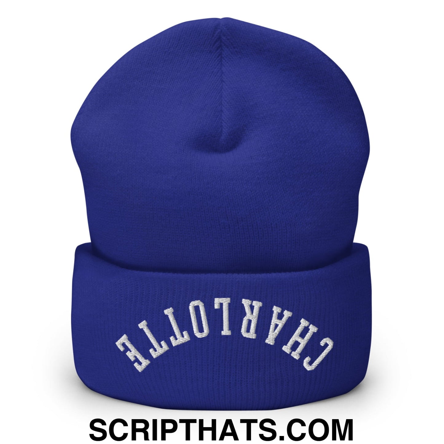 Royal blue knit beanie with white embroidered charlotte on cuff perfect for cold weather wear