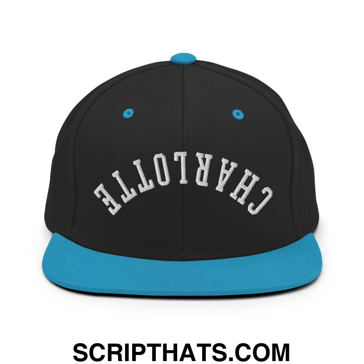 Upside Down Charlotte Embroidered Flat Bill Brim Snapback Hat Black Teal