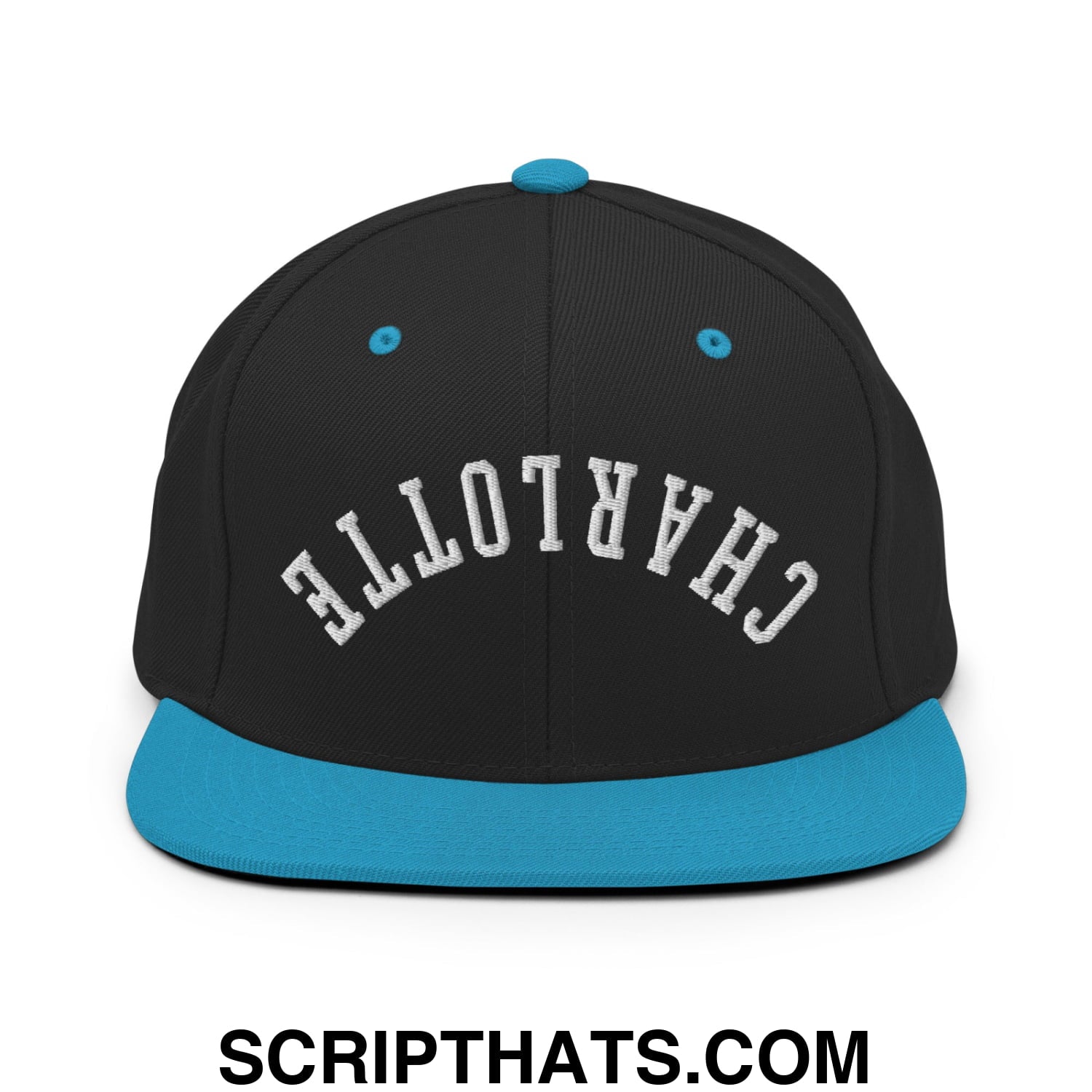 Upside Down Charlotte Embroidered Flat Bill Brim Snapback Hat Black Teal