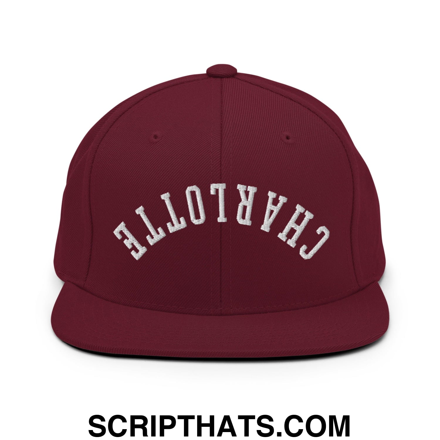 Upside Down Charlotte Embroidered Flat Bill Brim Snapback Hat Maroon