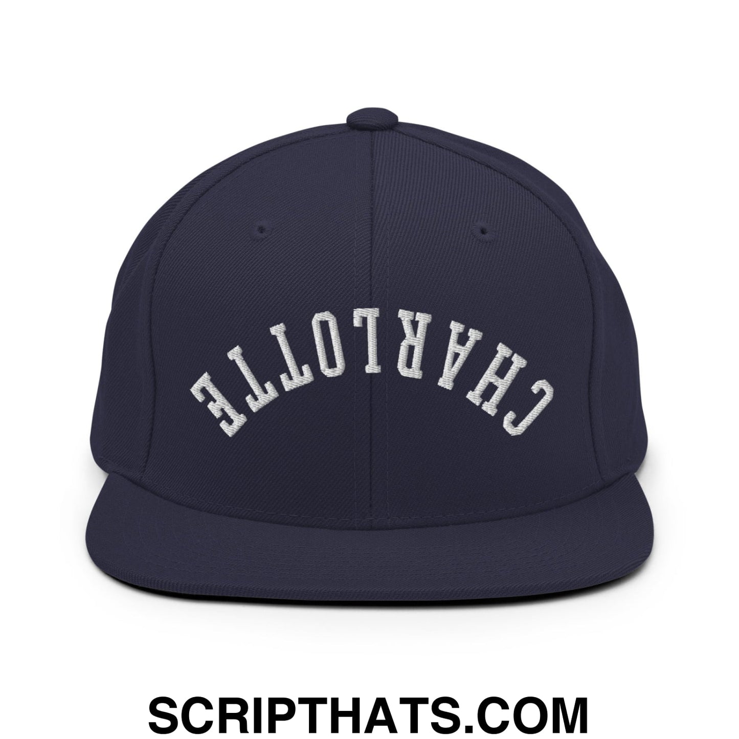 Upside Down Charlotte Embroidered Flat Bill Brim Snapback Hat Navy