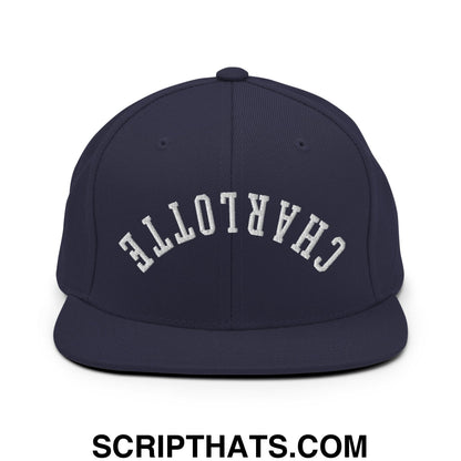 Upside Down Charlotte Embroidered Flat Bill Brim Snapback Hat Navy