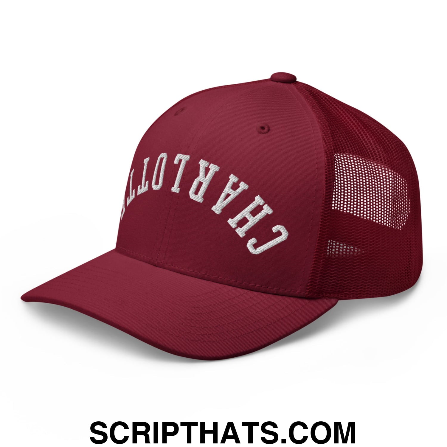 Upside Down Charlotte Embroidered Mesh Trucker Hat Cranberry