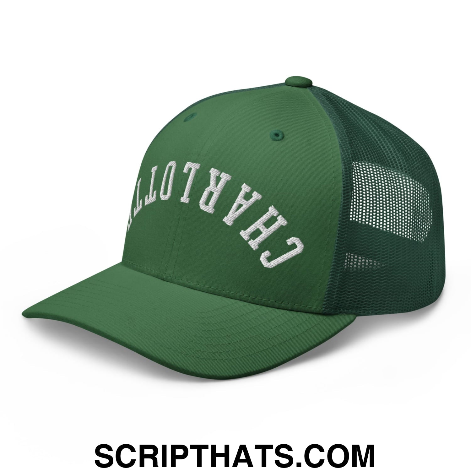 Upside Down Charlotte Embroidered Mesh Trucker Hat Evergreen