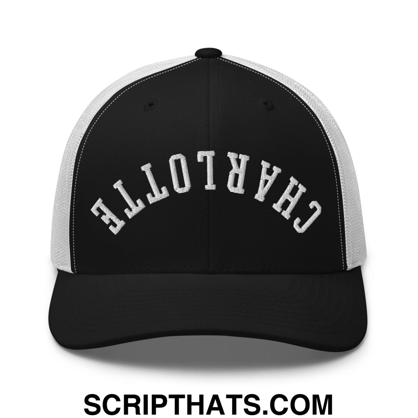 Upside Down Charlotte Embroidered Mesh Trucker Hat Black White