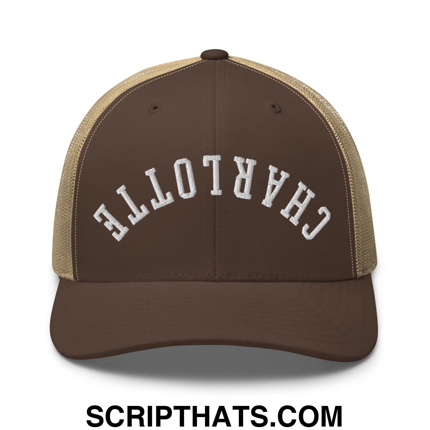 Upside Down Charlotte Embroidered Mesh Trucker Hat Brown Khaki