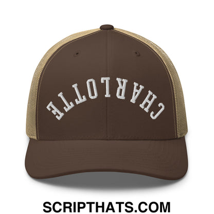 Upside Down Charlotte Embroidered Mesh Trucker Hat Brown Khaki