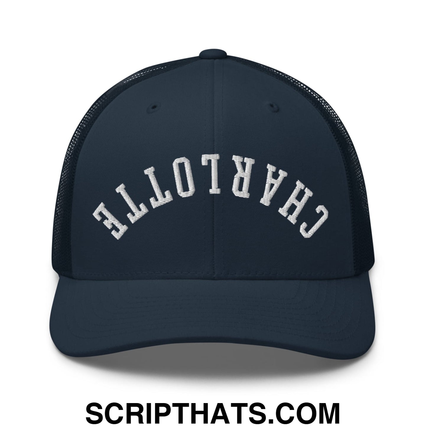 Upside Down Charlotte Embroidered Mesh Trucker Hat Navy