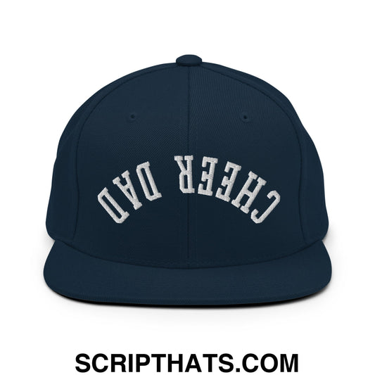 Navy blue snapback hat with white embroidered cheer dad arch design and flat bill brim for casual wear