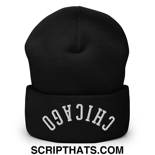 Upside Down Chicago Embroidered Cuffed Knit Beanie Black
